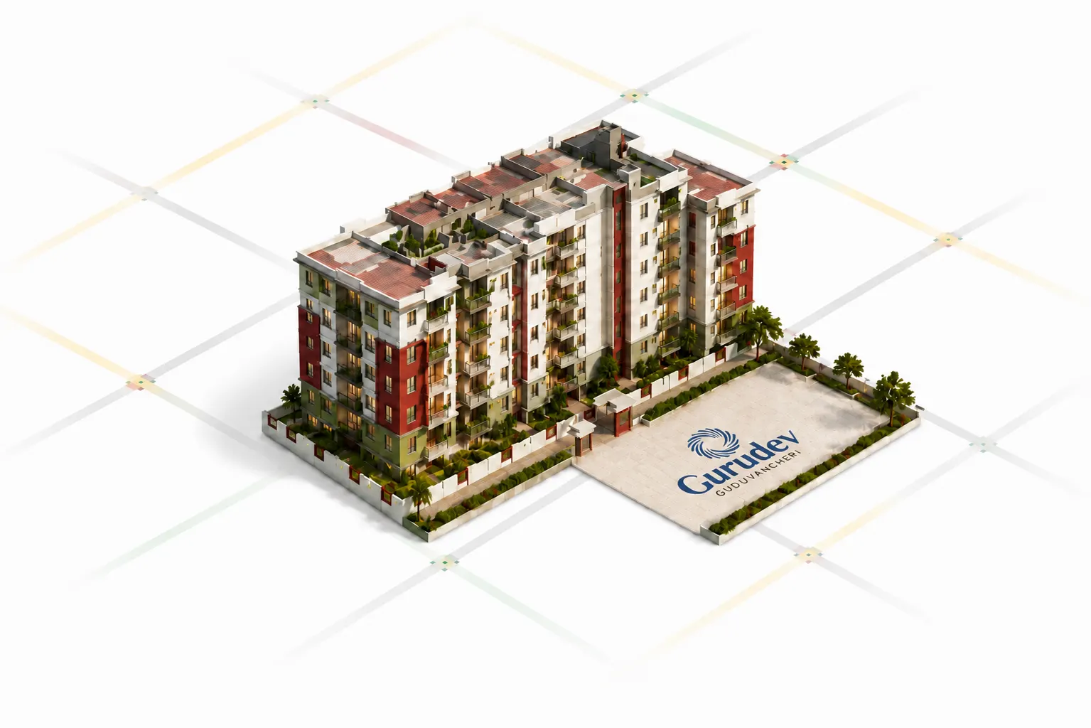 Map showing Gurudev Apartments Guduvancheri proximity to railway station, metro, SRM University, schools, hospitals and GST Road